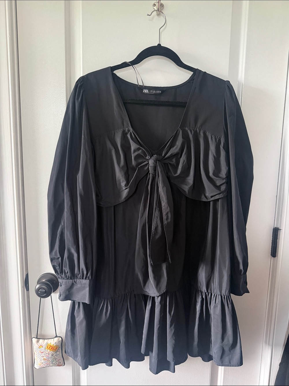 Zara Black Satin-Look Tie-Front Tiered Mini Dress